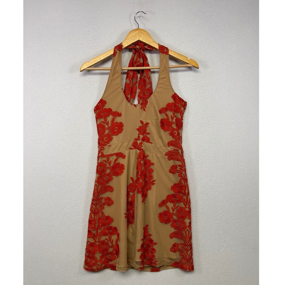 Romantic Floral For Love & Lemons Women S Tan Red Embroidered Halter Mini Dress